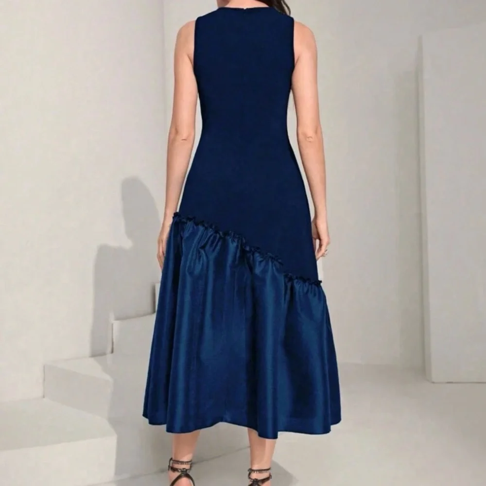 Modelyn Pearls Royal Blue Pearl Neckline Ruffle Hem Midi Dress - Picture 2 of 6